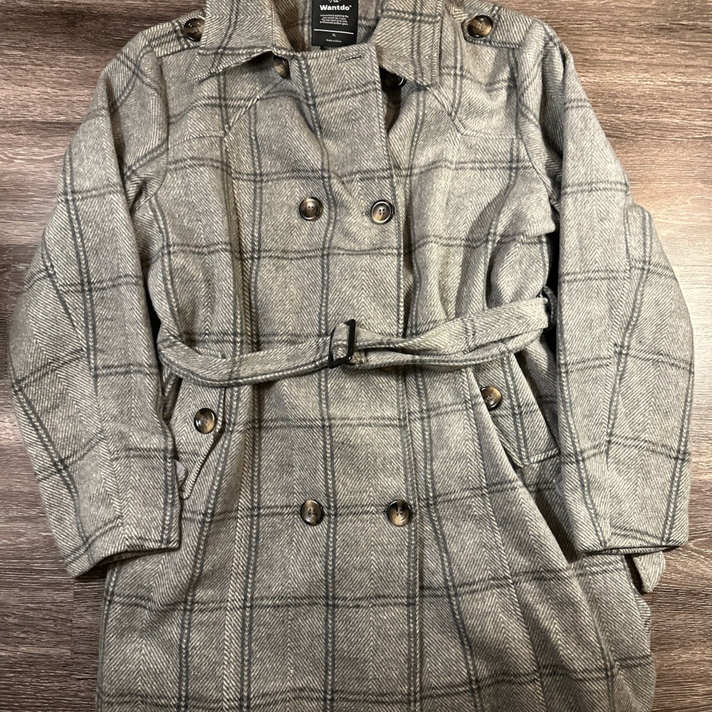 Wantdo Gray Plaid Belted Double-Breasted Trench Coat sz XL